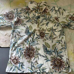 Reyn Spooner Boy's Beige Green Blue Brown 4 Button Hawaiian Shirt Small Cotton